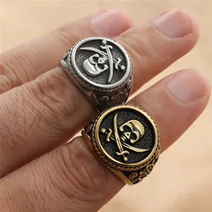 Vintage stainless steel pirate skull and steering wheel ring with cross swords for men