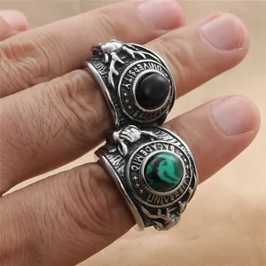 Retro stainless steel men's signet rings with black onyx and green malachite stones