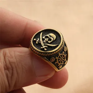 Macro detail of retro pirate skull and helm pattern on stainless steel punk ring