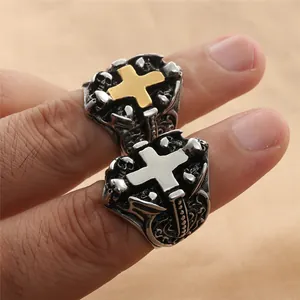 Anillo gótico punk con calavera y cruz en acero inoxidable vintage para hombre