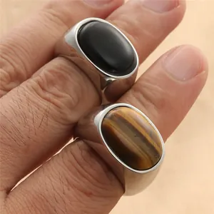 Anillo retro de acero inoxidable para hombre con ágata negra y ojo de tigre oval