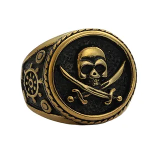 Vintage pirate skull and ship wheel ring in antique gold finish for men, punk style