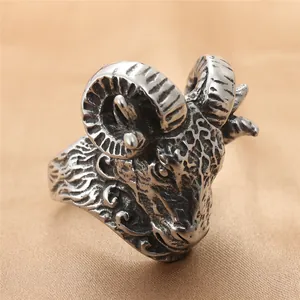 Anillo de Acero Inoxidable Cabeza de Carnero Vintage para Hombre Punk Gótico Animal Biker Band Ring Joyería Hip Hop Plata Antigua