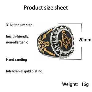 Bague maçonnique rétro en acier titane 316 avec émail noir et symboles dorés