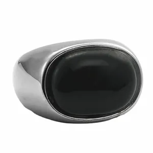 Anillo vintage de acero inoxidable con gran piedra negra ovalada para hombre y unisex