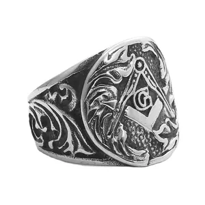 Chevalière maçonnique vintage en acier inoxydable argenté avec motifs floraux rétro