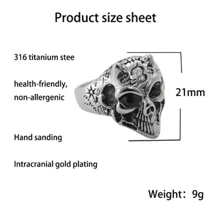 Vintage punk silver skull ring made of 316 titanium steel with black stone eyes