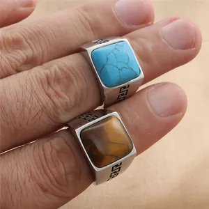 Anillos vintage de hombre con piedra cuadrada de acero inoxidable y ojo de tigre