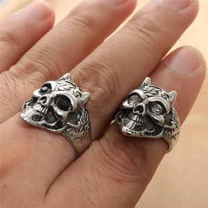 Retro punk style titanium steel skull rings for men featuring black and white zircon inlay