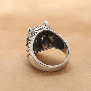 Retro punk titanium steel beast skull ring with intricate silver-tone metallic textures