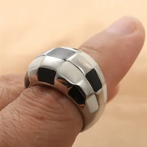 Retro stainless steel wide band ring with black and white checkerboard enamel inlay