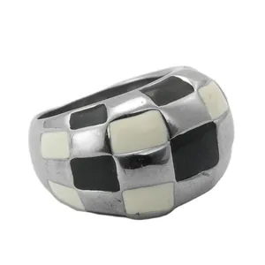 Retro punk titanium steel ring featuring a black and white checkerboard enamel design