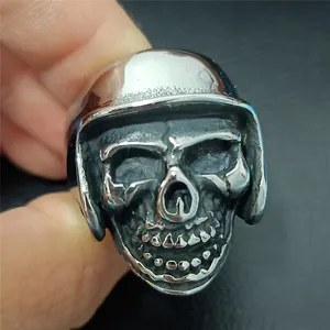 Retro punk titanium steel skull ring with vintage silver finish for men