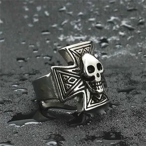 Vintage punk skull ring in silver stainless steel with Iron Cross engraving for men