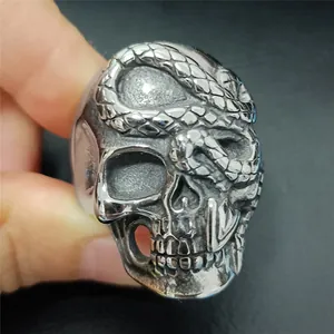 Retro punk style stainless steel skull ring with serpent detail for men gothic fashion