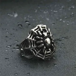 Anillo de araña punk para hombre en acero inoxidable plata vintage con telaraña