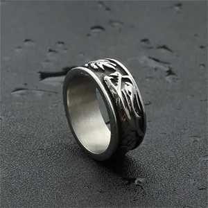 Retro punk dragon totem stainless steel wide band ring with vintage silver finish