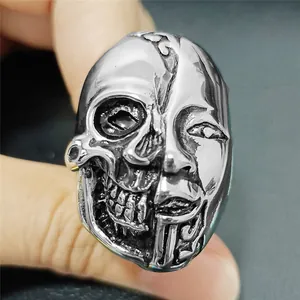 Detailed close-up of retro silver skull ring with half-face design in gothic punk style