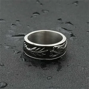 Vintage dragon feather engraved titanium steel ring with retro blackened finish for men
