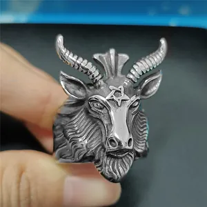Close-up of gothic goat head ring with pentagram detail in vintage steel finish