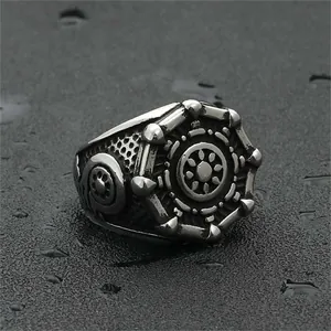 Anello timone punk vintage in acciaio inossidabile con design meccanico industriale retro