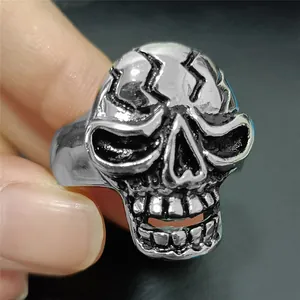 Detailed view of silver skull ring with vintage finish and punk style engraved details