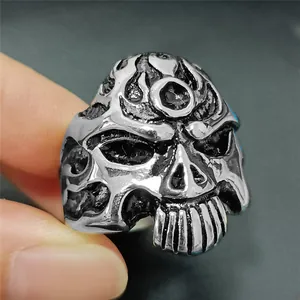 Macro detail of retro punk skull ring showing intricate vintage silver metal texture