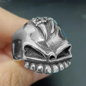 Detailed close-up of a vintage punk skull ring made of durable stainless steel for men