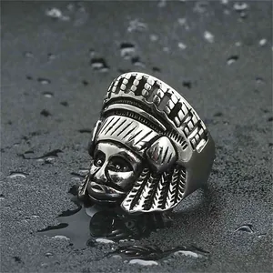 Vintage stainless steel Indian chief ring with antique silver finish and punk style