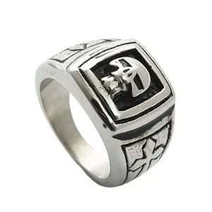 Vintage punk titanium steel skull ring with embossed crosses and matte silver finish