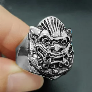 Detailed close-up of a vintage punk skull ring with 3D monster carvings in steel