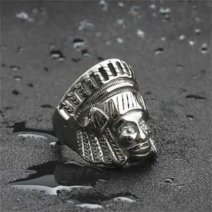 Retro stainless steel Indian chief ring with feather crown details and silver finish