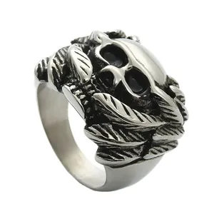 Anello con Teschio in Acciaio Inossidabile 316L Punk Gotico da Uomo Vintage Argento Retrò Ali di Piuma Gioielli Biker