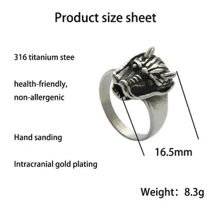 Bague tête de dragon punk vintage pour hommes en acier titane 316L avec fini argenté