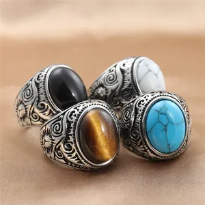 Anillo Hombre Vintage Acero Inoxidable Turquesa Ojo de Tigre Onix Negro Bohemio Banda Tallada Joyería Retro Punk Regalo