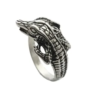 Anillo de Cabeza de Cocodrilo de Acero de Titanio 316 Vintage para Hombre Punk Gothic Animal Statement Ring Retro Plata Joyería Pulida