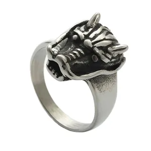 Bague Rétro Punk Tête de Dragon Pour Homme Acier au Titane 316 Gothique Tête de Bête Bijoux Hip Hop Biker Cadeau