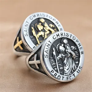 Saint Christopher Protect Us Religious Ring Stainless Steel Punk Retro Signet Ring For Men Vintage Jewelry