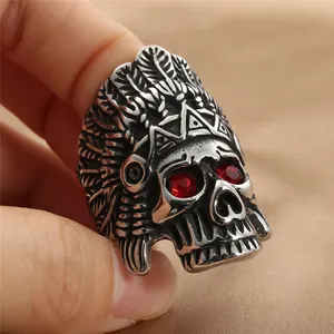 Punk vintage stainless steel skull ring with red eyes and Indian feather headdress design