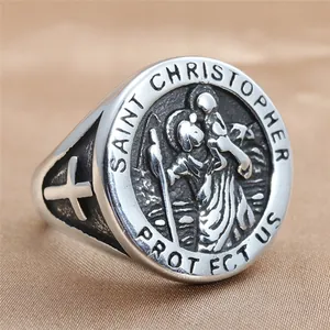Vintage stainless steel Saint Christopher ring for men with cross detail on the side