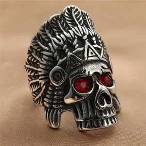 Macro detail of punk skull ring featuring red gemstone eyes and antique silver finish