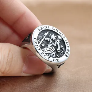 Vintage Saint Christopher stainless steel ring with religious engraving and retro finish