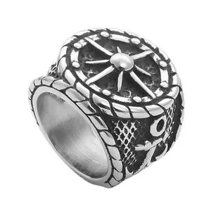 Anello in Acciaio al Titanio Nautico Vintage da Uomo con Timone e Ancora Argento Antico Punk Timone di Nave Gioielli