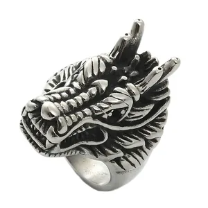Anello Punk Vintage a Testa di Drago da Uomo in Acciaio Inossidabile Gotico Hip Hop Anello Animale Gioielli Biker Retrò Regalo
