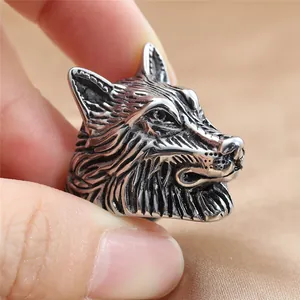 Punk style stainless steel wolf head ring with vintage finish and detailed carving