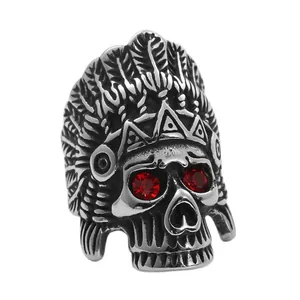 Vintage punk stainless steel skull ring with red eyes and Indian feather headdress