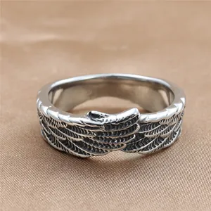 Vintage Roestvrijstalen Veervleugel Ring Voor Heren Punk Gothic Brede Bandring Gepolijst Retro Vinger Sieraden Cadeau