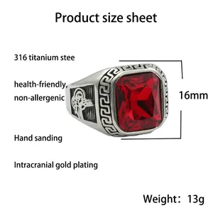 Bague vintage en acier inoxydable avec pierre rouge carrée et motifs gravés