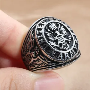 Vintage stainless steel United States Army eagle crest ring with a rustic punk aesthetic