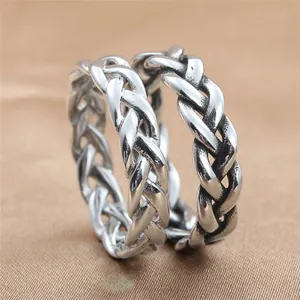 Vintage punk titanium steel braided chain rings with silver oxidized finish for men